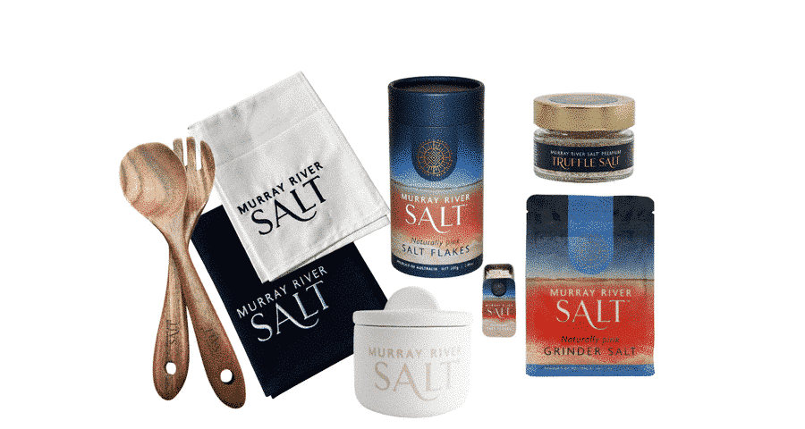 A curated collection of Murray River Salt products, featuring various packaging sizes and specialty pink salt flakes.